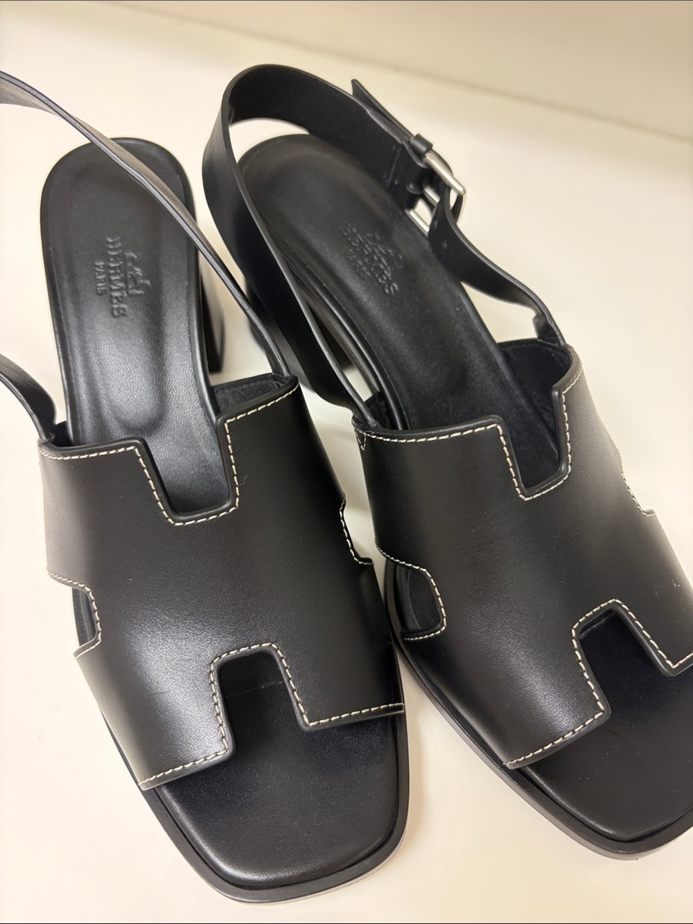Hermes Black Leather H-Detail Slingback Sandals
